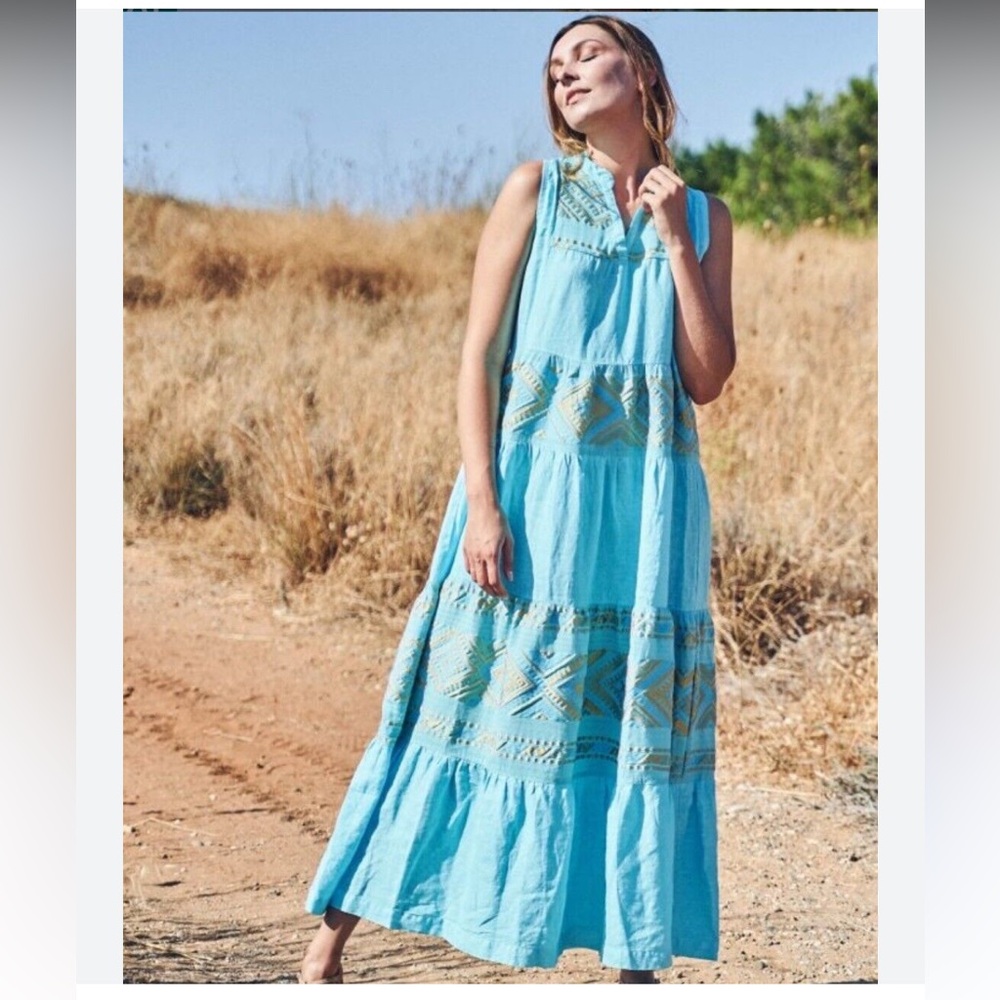 Haris Cotton Sleeveless Linen Turquoise and Yellow Gold Maxi Dress Size XL